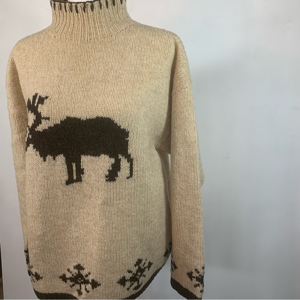 Muskoka Lakes Wool Sweater Pull on Cardigan Funnel Neck Moose & Snow Beige BRN L - Picture 6 of 15